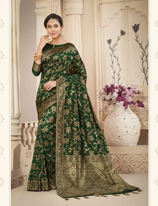 Kad Creations Indian Banarasi Silk heavy zari weaving and Tassel Pallu work Green festive wear Saree for women
