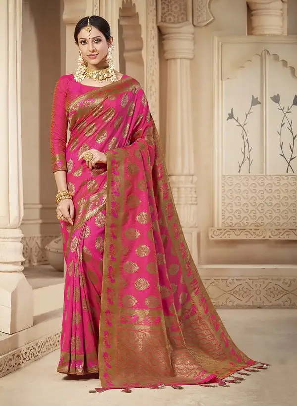 Kad Creations Indian women Banarasi Silk heavy zari weaving and Tassel Pallu work Pink Party wear Saree