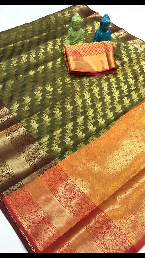 Olive Color Kanjivaram Style Heavy Banarasi Silk Saree With Blouse