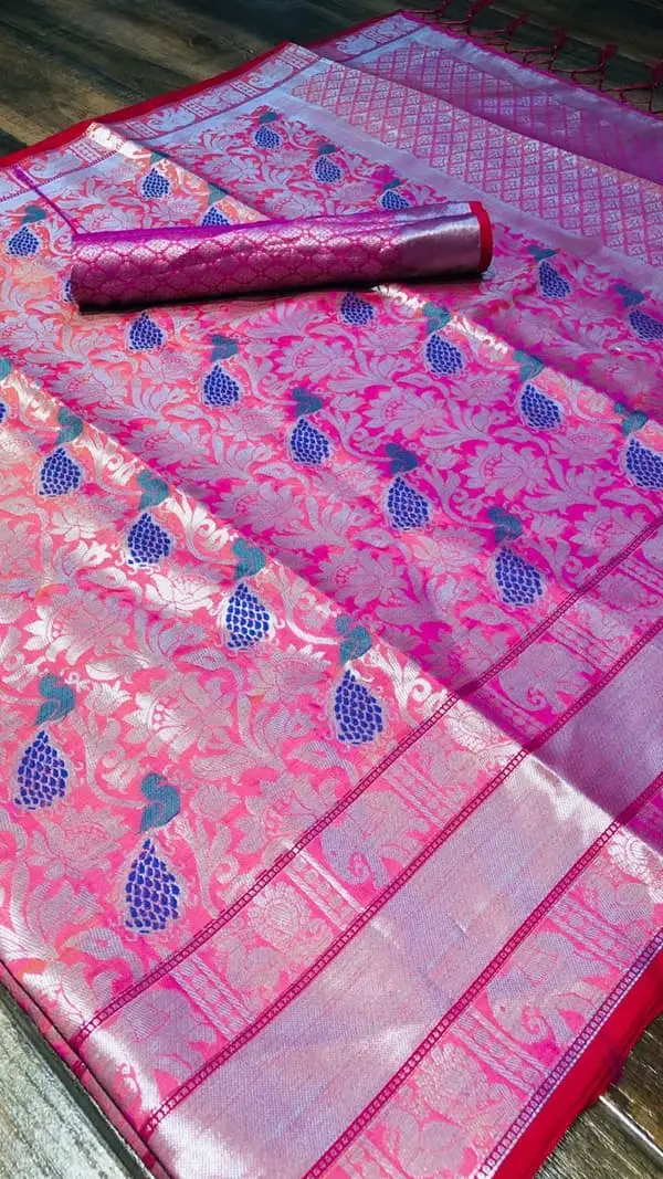 Pink Blue Color Kanjivaram Style Heavy Banarasi Silk Saree With Blouse