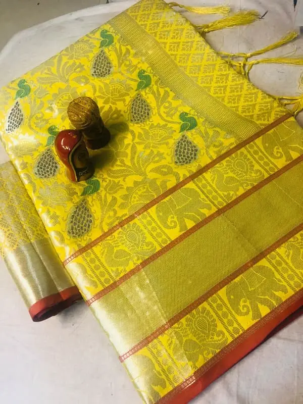 Yellow Color Kanjivaram Style Heavy Banarasi Silk Saree With Blouse