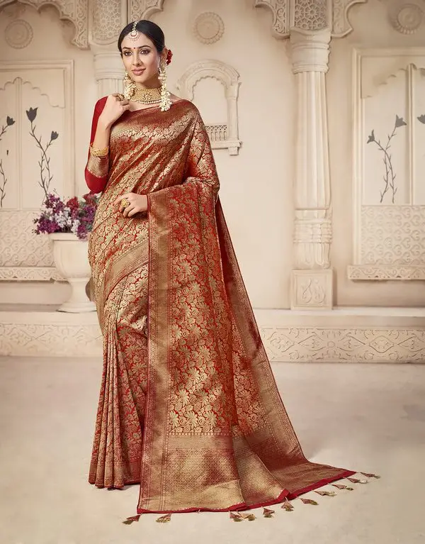 Kad Creations Indian Banarasi Silk Weaving zari and Tassel Pallu work Red wedding wear Saree for women