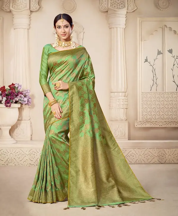 Kad Creations Indian Banarasi Silk zari weaving and Tassel Pallu work Green festive wear Saree for women