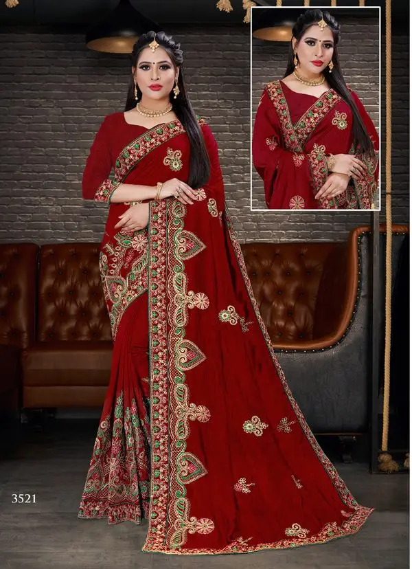 Kad Creations Indian Two Tone Silk Zari Resham Embroidery and Border work Red wedding wear saree for women