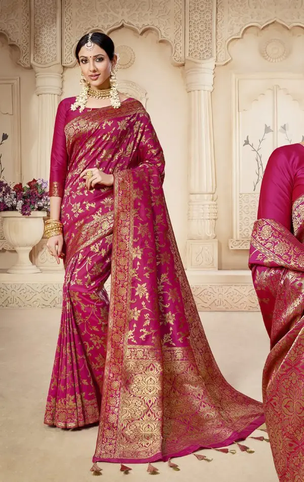 Kad Creations Indian women Banarasi Silk heavy zari weaving and Tassel Pallu work Magenta Saree for women