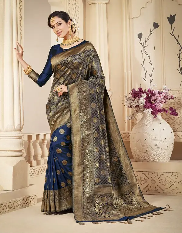 Kad Creations Indian Women Banarasi Silk heavy zari weaving and Tassel pallu work Navy Blue Saree for women
