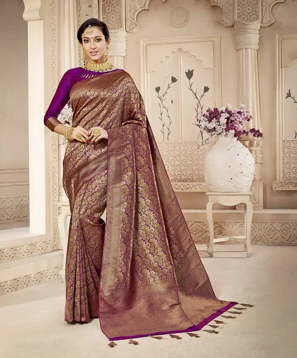 Kad Creations Indian women Banarasi Silk heavy zari weaving and Tassel Pallu work Purple Party wear Saree