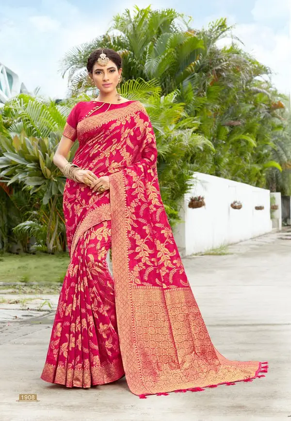 Kad Creations women Banarasi Silk heavy weaving zari and Tassel pallu work Magenta Party wear Saree Sari Saris for women
