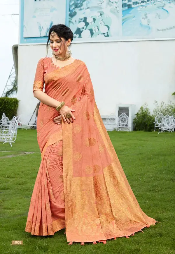 Kad Creations women Banarasi Silk heavy weaving zari and Tassel pallu work Peach Traditional wear Saree Sari Saris for women