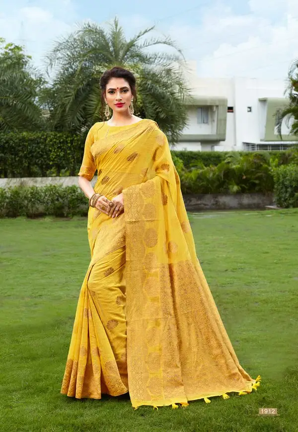 Kad Creations women Banarasi Silk heavy weaving zari and Tassel pallu work yellow festive wear Saree Sari Saris for women