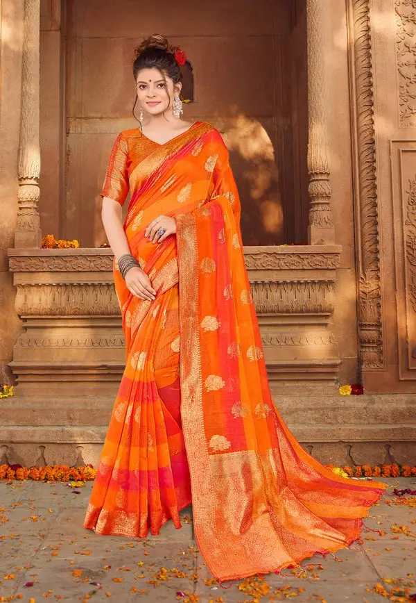 Kad Creations women Banarasi Silk weaving zari and Tassel Pallu work Orange Festive wear Saree for women Saris