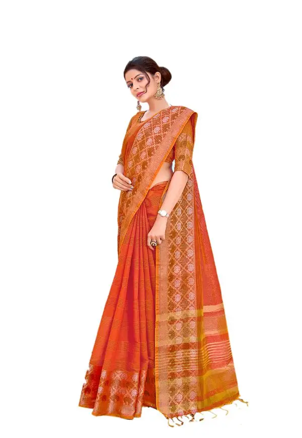 Kad Creations women Banarasi Silk weaving zari and Tassel Pallu work Orange Traditional wear Sari Saree Saris
