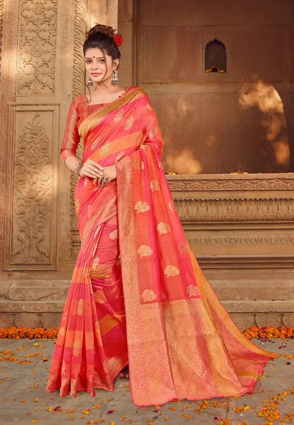 Kad Creations women Banarasi Silk weaving zari and Tassel Pallu work Pink Party wear Saree for women Saris
