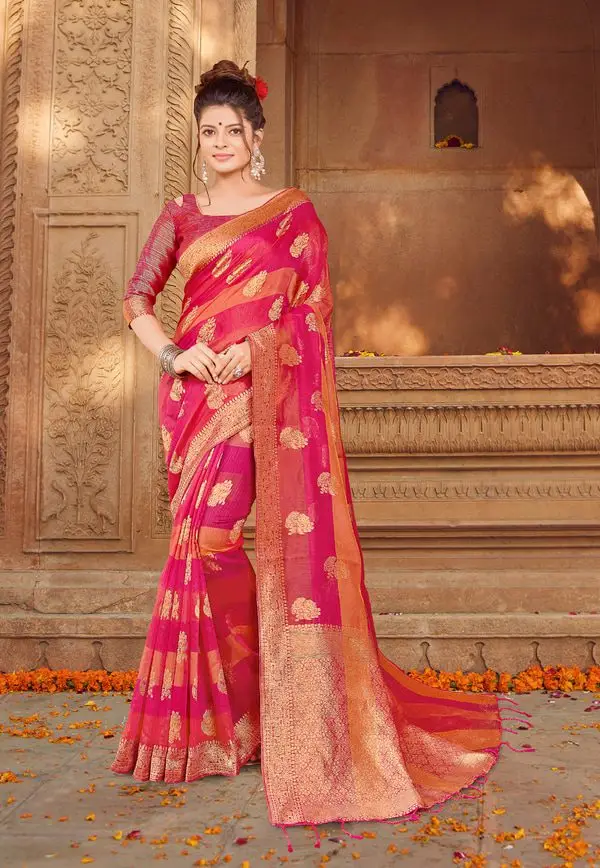 Kad Creations women Banarasi Silk weaving zari and Tassel Pallu work Pink Party wear Saree for women Saris