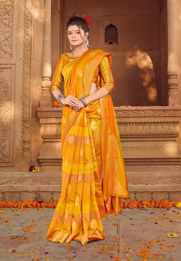 Kad Creations women Banarasi Silk weaving zari and Tassel Pallu work Yellow festive wear Saree for women Saris