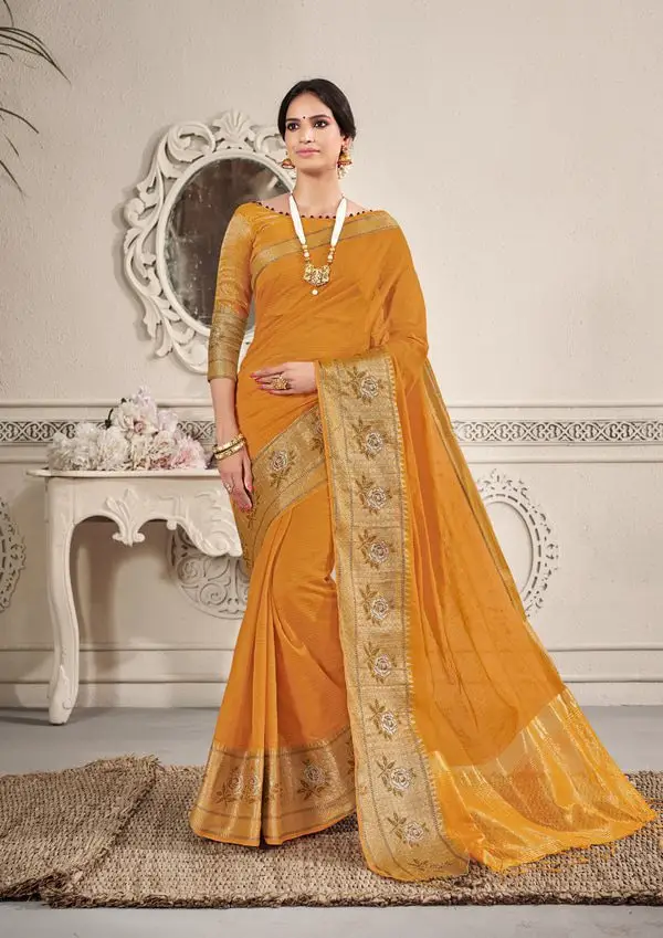 Kad Creations women Banarasi Silk weaving zari Resham and Tassel Pallu work Mustard festive wear Saree Saris