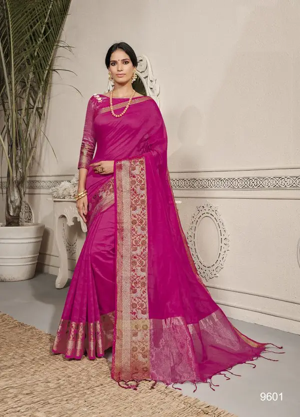 Kad Creations women Banarasi Silk weaving zari Resham and Tassel Pallu work Magenta Saree Saris