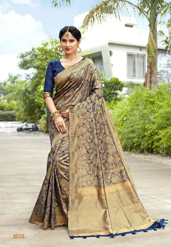 Kad Creations women Banarasi Silk zari weaving and Tassel Pallu work Navy Blue Party wear sari saree saris for women