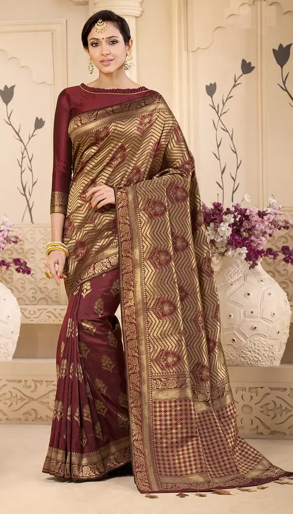 Kad Creations Banarasi Silk zari weaving and tassel pallu work Maroon wedding wear Saree for women