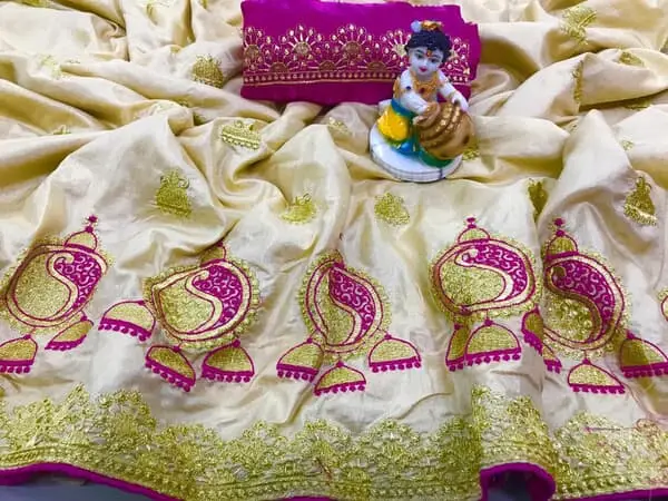 Cream Pink Embroidery Sana Silk Saree