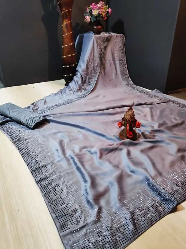Grey Rajwadi Silk Heavy Stone Work Saree
