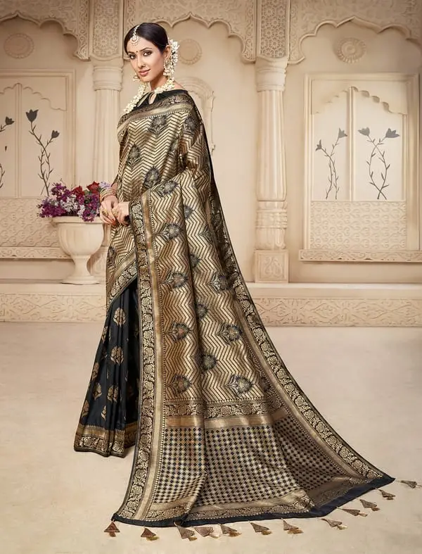 Kad Creations Indian Banarasi Silk heavy zari weaving and Tassel pallu work black party wear Saree for women