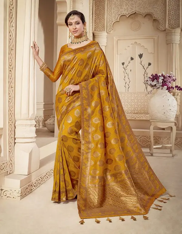 Kad Creations Indian Banarasi Silk zari weaving and Tassel Pallu work Mustard Festive wear Saree for women