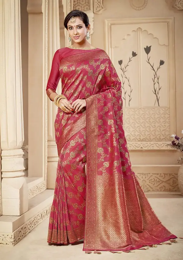 Kad Creations Indian Bnarasi Silk heavy zari weaving and Tassel Pallu work Pink Party wear Saree for women