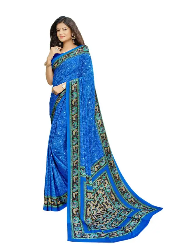 Kad Creations Indian Bollywood Designer Party wear Traditional wedding Blue Crepe Floral print and Border work Saree for women sari saris