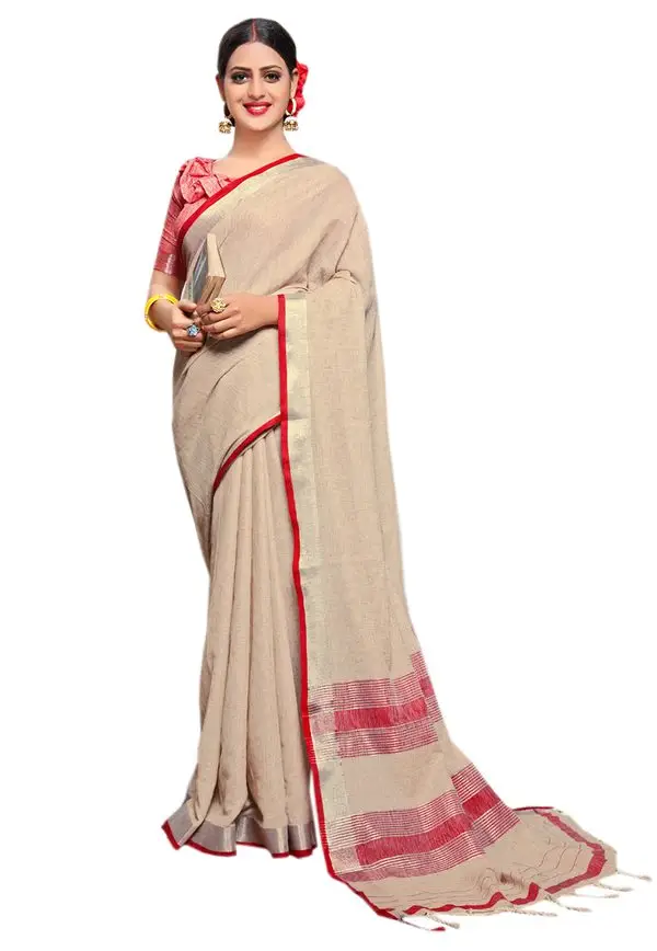 Kad Creations Indian Bollywood Designer Party wear Traditional wedding Linan zari and Tassel Pallu work Beige saree for women sari Saris