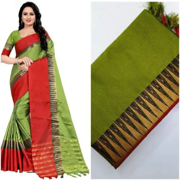Lovely Green Aura Cotton Silk Saree For Women