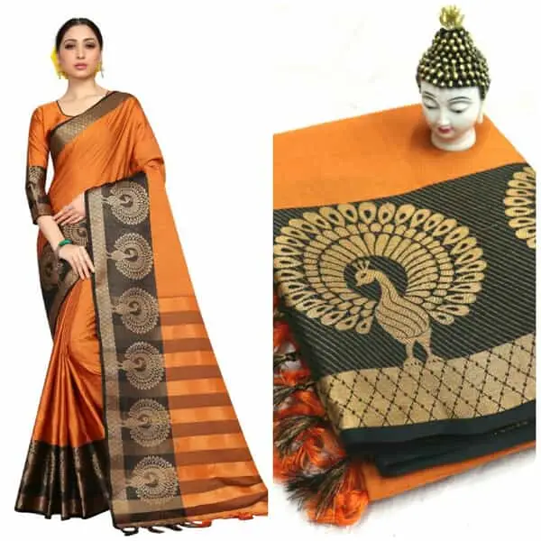 Orange Aura Cotton Silk Saree For Women